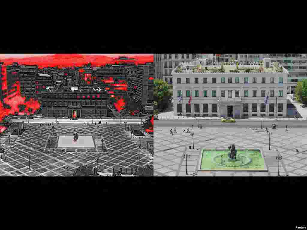 Az athéni városháza a Kotzia téren július 23-án (balra a hőkamerás drónfelvételen)