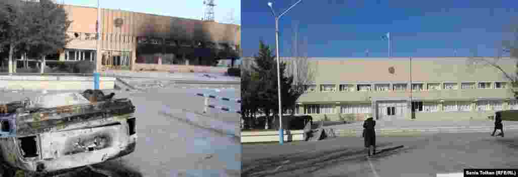 Еще одно здание, пострадавшее во время столкновений, - мэрия. Справа вид здания сейчас.