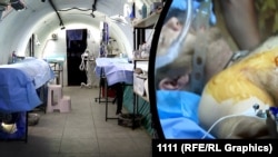 ფოტოკოლაჟი. მიწისქვეშა ჰოსპიტლის რეანიმაციური განყოფილება, სადაც დაჭრილ უკრაინელ ჯარისკაცებს მკურნალობენ. 