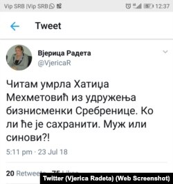 Tvit Vjerice Radete objavljen u ponedeljak 23. jula popodne, sa Tvitera je nestao u utorak tokom dana