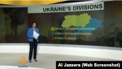 Al-Jazeera shows a map of Ukraine divided between a largely Ukrainian-speaking west and a predominantly Russian-speaking east.