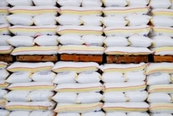 Sacks of flour stacked at a storage facility in Novosibirsk, Russia. Production of bread, grains, and pasta has been boosted in the Novosibirsk region due to increased demand amid the COVID-19 pandemic.