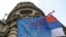 Serbia - The EU flag hangs in front of the Serbian government building in Belgrade, 2Mar2012.
