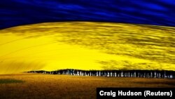 Демонстранты держат огромных размеров украинский флаг во время акции в поддержку Украины возле Белого дома в Вашингтоне, 8 марта, 2025