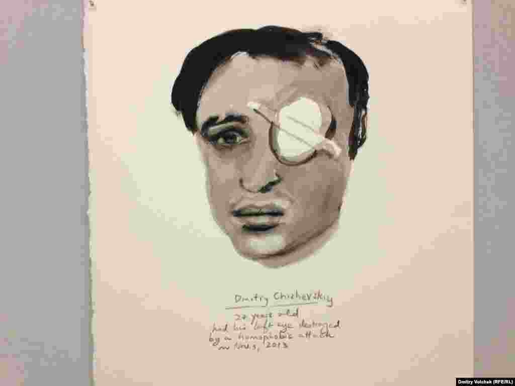 Марлен Дюма нарисовала для "Манифесты" портреты знаменитых геев, преимущественно русских. Тут и Эйзенштейн, и Тимур Новиков, и даже Гоголь. А это портрет Дмитрия Чижевского, петербургского ЛГБТ-активиста, которому гомофобы в прошлом году выбили глаз