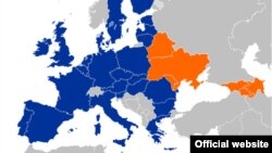 Краіны «Усходняга партнэрства» (аранжавым колерам) і Эўразьвязу (сінім)
