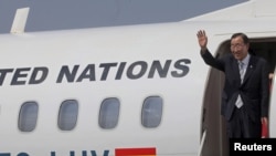 UN Secretary General Ban Ki-moon at Belgrade's airport on his tour of the Balkans.