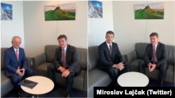 Predstavnik EU za dijalog Miroslav Lajčak u odvojenim susretima, sa predstavnikom Kosova Skenderom Hisenijem (lijevo) i predstavnikom Srbije Markom Đurićem (desno), Brisel 23 jula 2020.