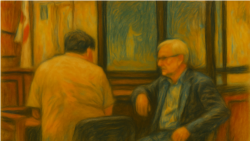 ხელოვნური ინტელექტის გამოყენებით შექმნილი ჩანახატი პირველ ივლისს გამართული სასამართლო სხდომიდან. ნახატზე - ადვოკატი მალხაზ სალაყაია სხდომის მიმდინარეობისას