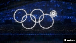 Одно из олимпийских колец не открылось на церемонии открытия зимних Игр в Сочи, Россия, 7 февраля 2014 года (Phil Noble, Reuters)
