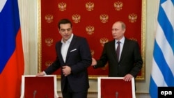 Прем'єр-міністр Греції Алексіс Ципрас та президент Росії Володимир Путін у Кремлі, Москва, 8 квітня 2015 року
