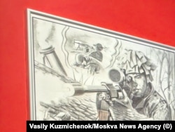 ნახატი ასახავს ჩრდილოეთ კორეელ სნაიპერს, რომელიც ესვრის უკრაინელ ჯარისკაცს