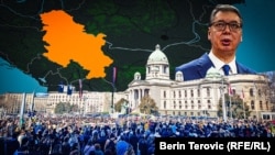 პრეზიდენტი ალექსანდარ ვუჩიჩი შეშფოთებული და დაბნეული უყურებს რა ხდება სერბეთის ქალაქების ქუჩებსა და მოედნებზე. ფოტოკოლაჟი