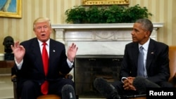 Дональд Трамп (л) і Барак Обама (п) під час зустрічі в Білому домі, Вашингтон, 10 листопада 2016 року