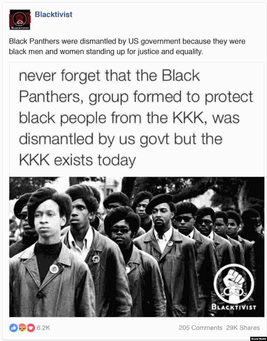 "Черные пантеры" (леворадикальная организация. – РС) были расформированы правительством США, потому что они состояли из черных мужчин и женщин, которые выступали за справедливость и равноправие, – утверждает этот пост. – "Черных пантер" расформировали, а ККК остался". 
