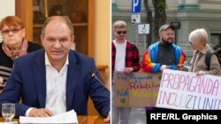 Primarul Chișinăului, Ion Ceban, și protestatari pentru drepturile omului, în fața primăriei capitalei, pe 15 2025 (colaj Europa Liberă) 