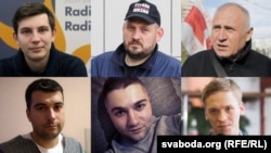 Фігуранти «справи Тихановського» (зліва направо): верхній ряд – Ігор Лосик, Сергій Тихановський, Микола Статкевич, нижній ряд – Володимир Циганович, Артем Саков, Дмитро Попов