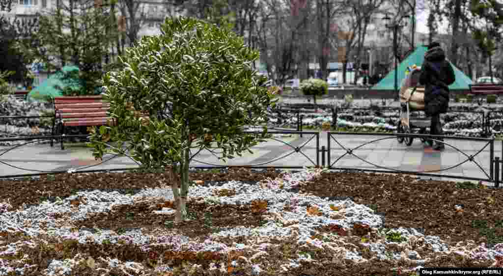 Ко второй половине дня в центре снег остался только на клумбах и газонах, с тротуаров его смели дворники 