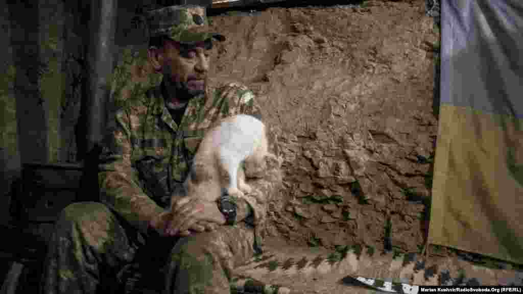 «Батя». Солдат 1-й роты 10-го батальона 59-й бригады в командном пункте вместе с котами