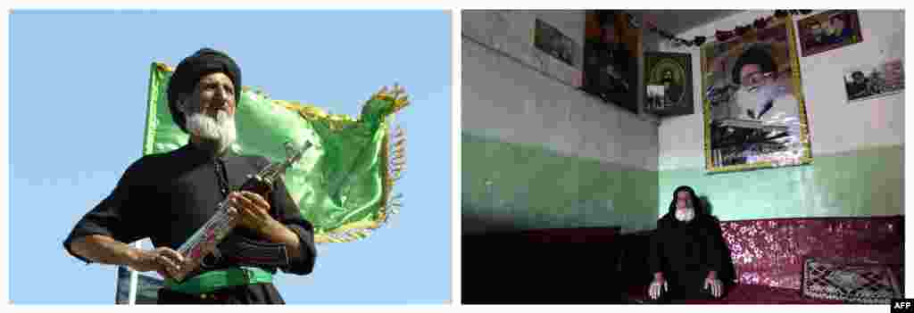 Слева: Шиитский клирик и член Армии Махди радикального лидера Муктады ас-Садра наблюдает за антиамериканской демонстрацией 7 апреля 2004 года Справа: Тот же клирик перед своим домом с портретом Великого аятоллы Мухаммада Садика ас-Садра 5 февраля 2013 года