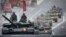Russian T-90M tanks travel through central Moscow during a rehearsal for the May 9 Victory Day parade.