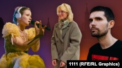 რუსეთში უცხოელ აგენტებად გამოცხადებული მომღერლები მონეტოჩკა და Noize MC და მათი სიმღერების ქუჩაში შესრულების გამო დაპატიმრებული დიანა ლოგინოვა (შუაში). კოლაჟი